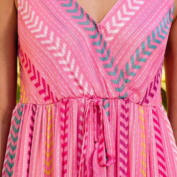 Pink Western Printed Tassel Tie V Neck Wrap Maxi Dress - Picture 6 of 11